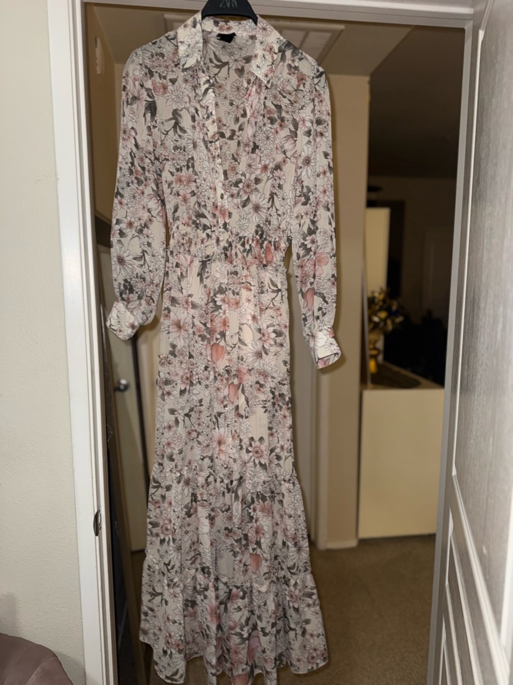 Floral Button-Front Long Sleeve Maxi Dress - Cream/Pink